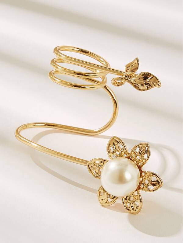 Faux Pearl & Leaf Decor Spiral Ring 1pc - INS | Online Fashion Free Shipping Clothing, Dresses, Tops, Shoes