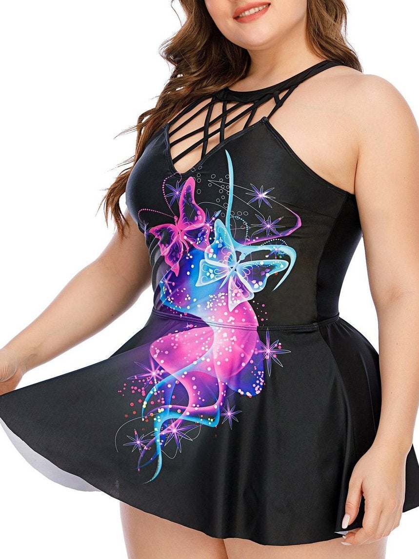 Feather Butterfly Print Plus Size Skirt Swimsuit - Plus Swimsuits - INS | Online Fashion Free Shipping Clothing, Dresses, Tops, Shoes - 22/04/2021 - 2204V3 - Catagory_Plus Swimsuits