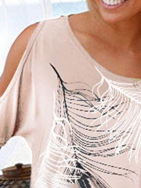 Feather Print Off-shoulder Round Neck T-shirt - T-shirts - INS | Online Fashion Free Shipping Clothing, Dresses, Tops, Shoes - 03/07/2021 - 10-20 - color-beige