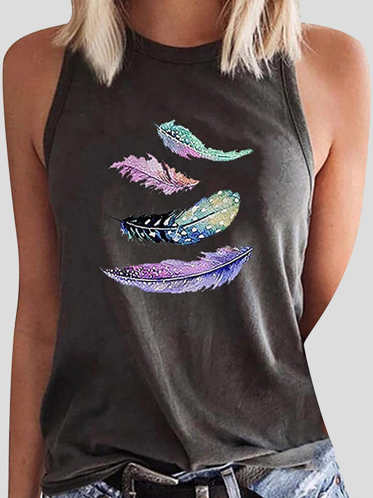 Feather Print Sleeveless Casual Tank Tops - Tank Tops - INS | Online Fashion Free Shipping Clothing, Dresses, Tops, Shoes - 10-20 - 30/07/2021 - Category_Tank Tops