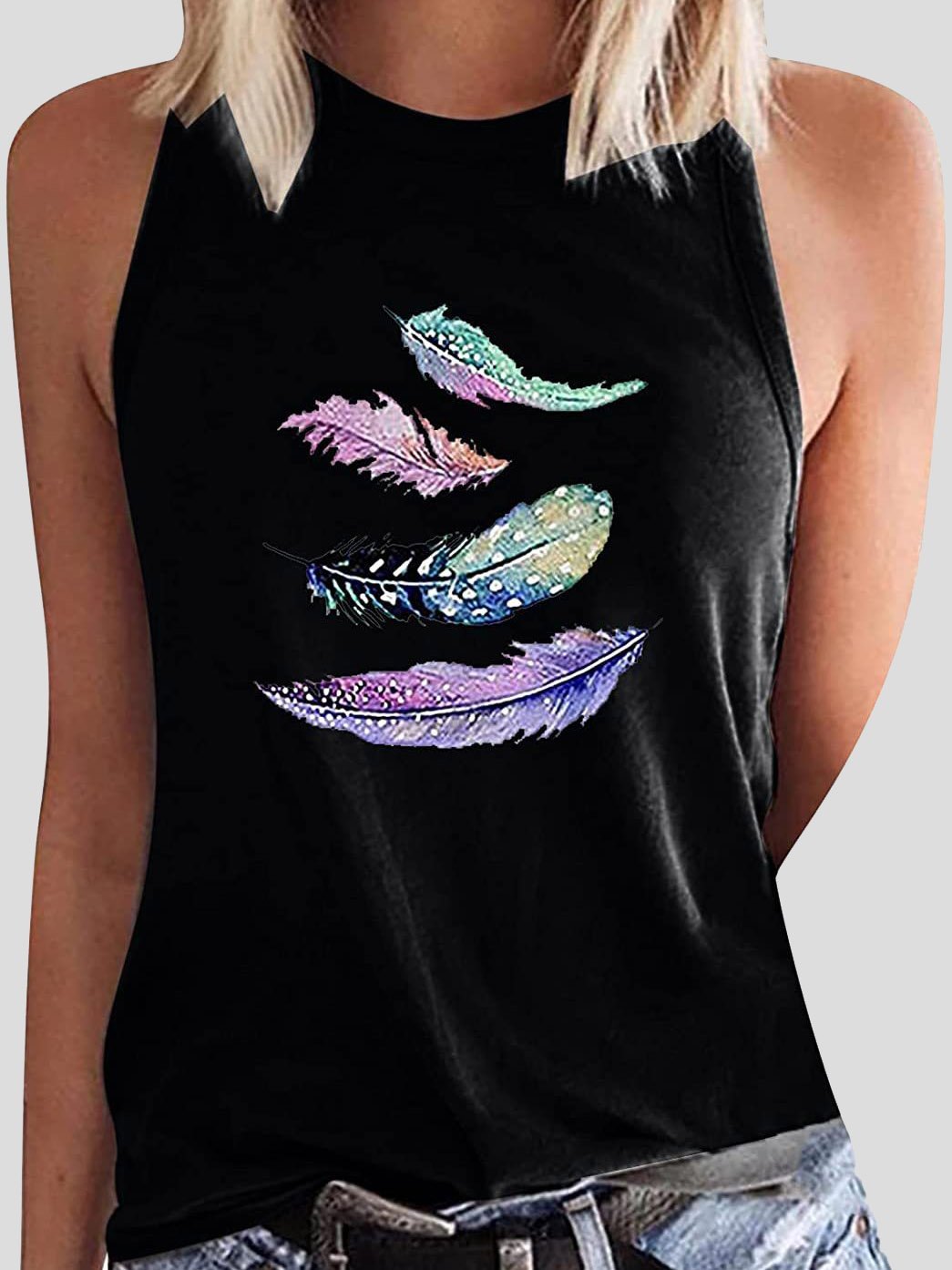 Feather Print Sleeveless Casual Tank Tops - Tank Tops - INS | Online Fashion Free Shipping Clothing, Dresses, Tops, Shoes - 10-20 - 26/07/2021 - Category_Tank Tops