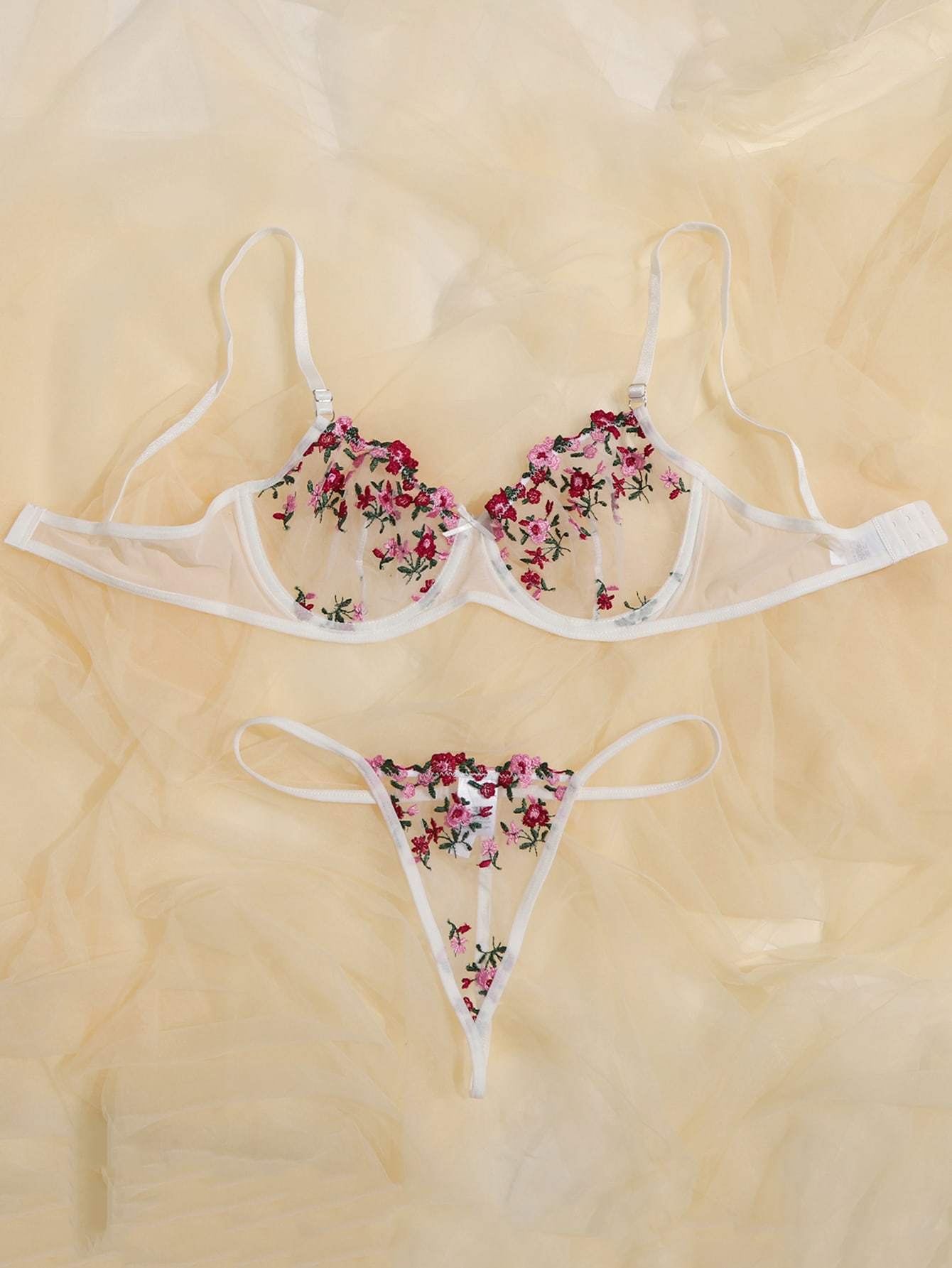 Floral Embroidered Mesh Underwire Lingerie Set - INS | Online Fashion Free Shipping Clothing, Dresses, Tops, Shoes