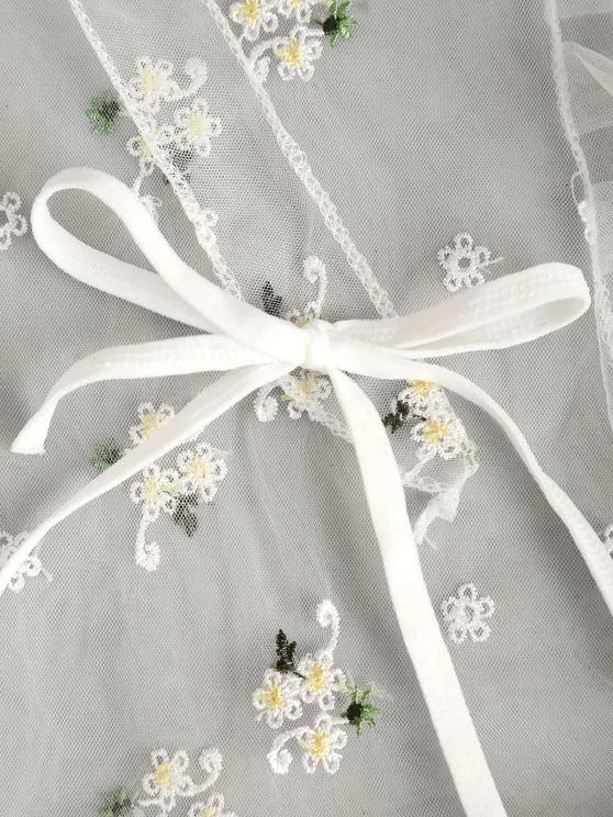 Floral Embroidered Ruffle Tie Mesh Lingerie Set - INS | Online Fashion Free Shipping Clothing, Dresses, Tops, Shoes