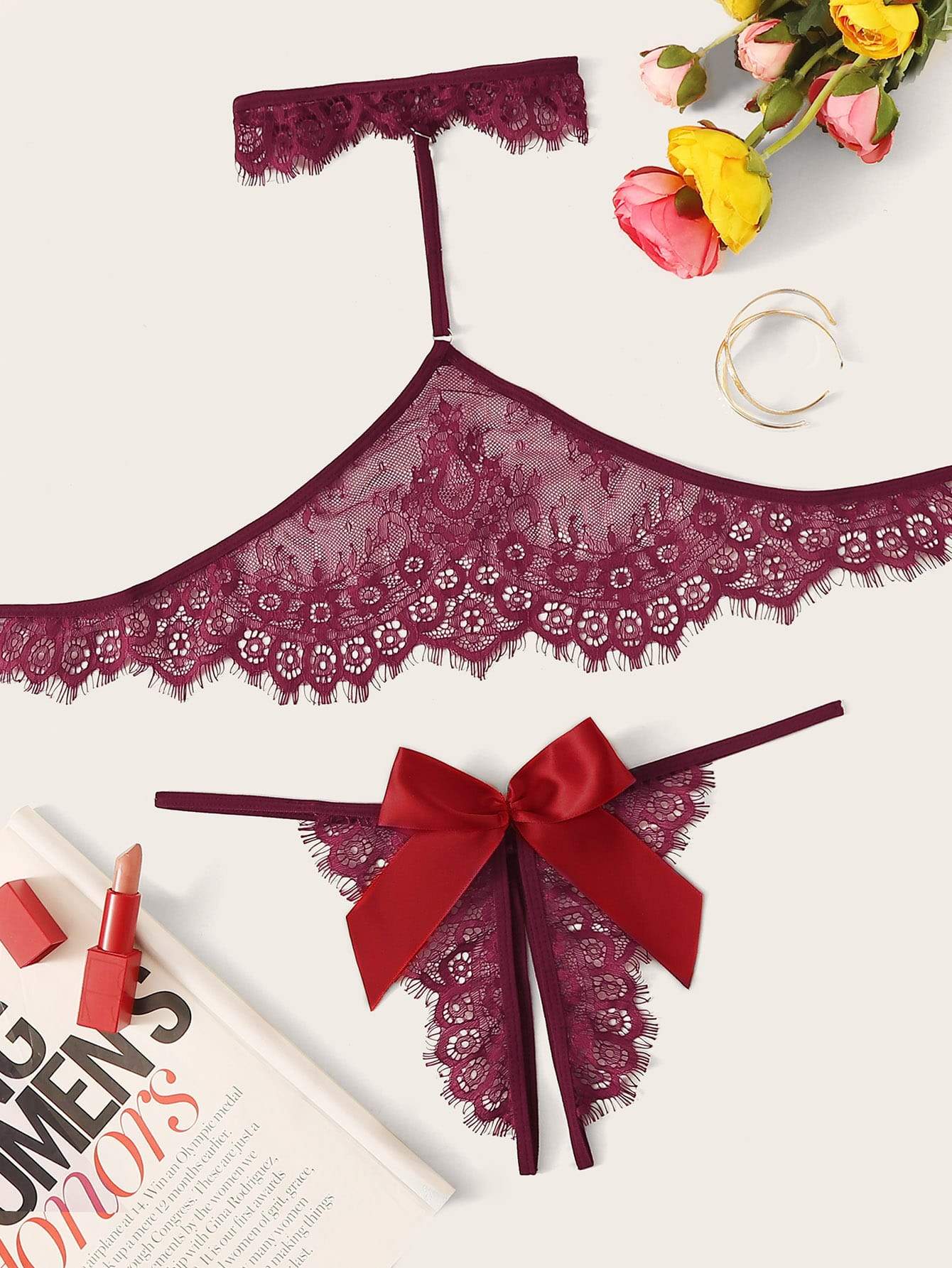 Floral Lace Lingerie Set With Choker - INS | Online Fashion Free Shipping Clothing, Dresses, Tops, Shoes