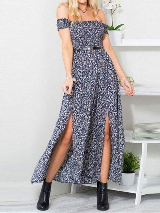 Floral One Shoulder Irregular Split Dress - Maxi Dresses - INS | Online Fashion Free Shipping Clothing, Dresses, Tops, Shoes - 04/06/2021 - Category_Maxi Dresses - Color_Blue