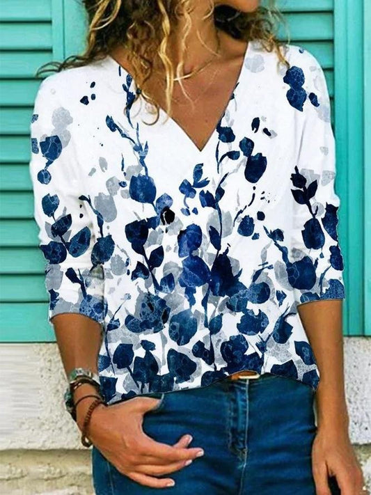 Floral Print 3/4 Sleeve V-neck Top - T-Shirts - INS | Online Fashion Free Shipping Clothing, Dresses, Tops, Shoes - 20-30 - 23/06/2021 - color-blue