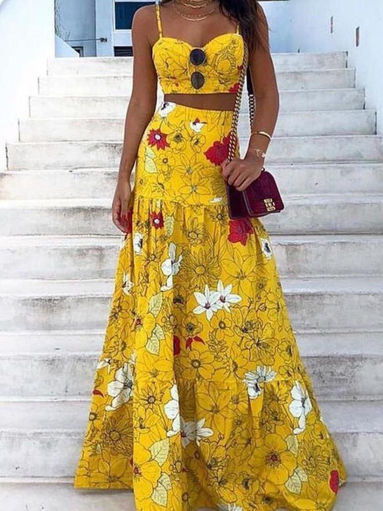 Floral Print Crop Top & Maxi Skirt Set - Two-piece Outfits - INS | Online Fashion Free Shipping Clothing, Dresses, Tops, Shoes - 29/04/2021 - Color_Yellow - Maxi Dresses