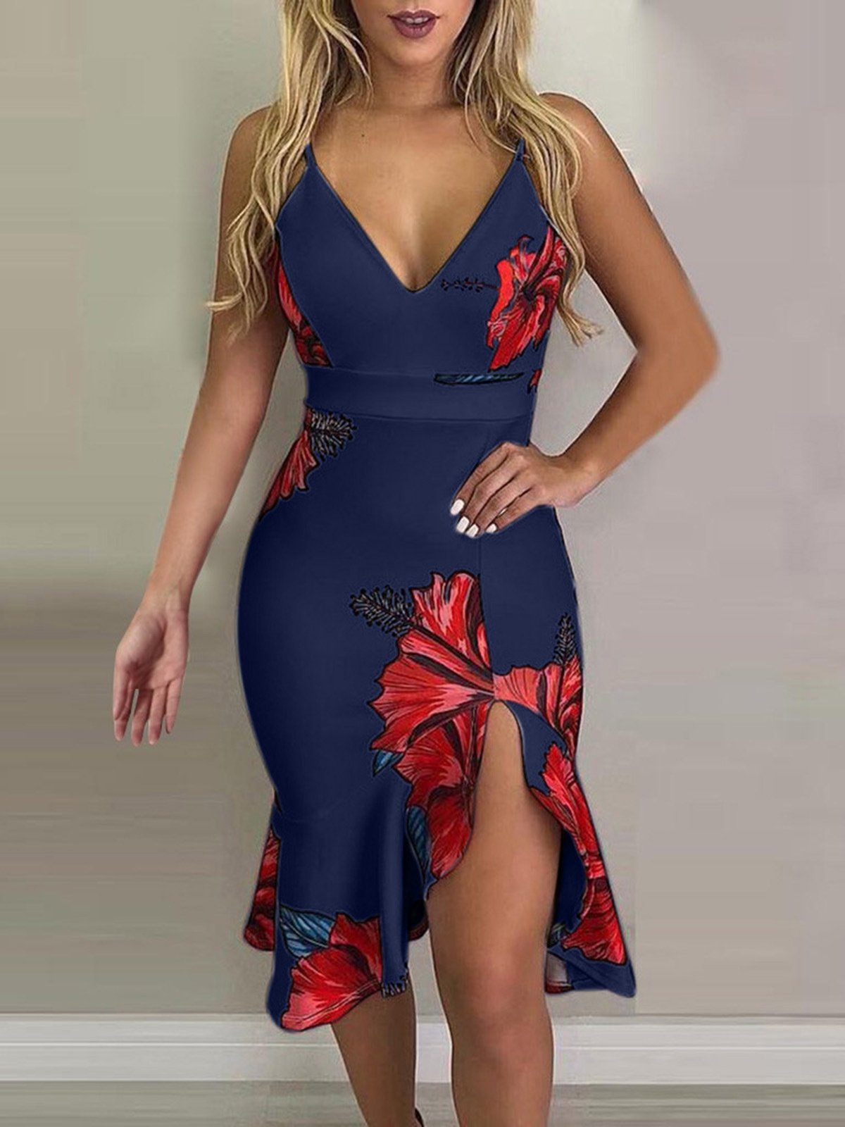 Floral Print Deep V-Neck Irregular Dress - Midi Dresses - INS | Online Fashion Free Shipping Clothing, Dresses, Tops, Shoes - 20-30 - 29/06/2021 - Category_Midi Dresses