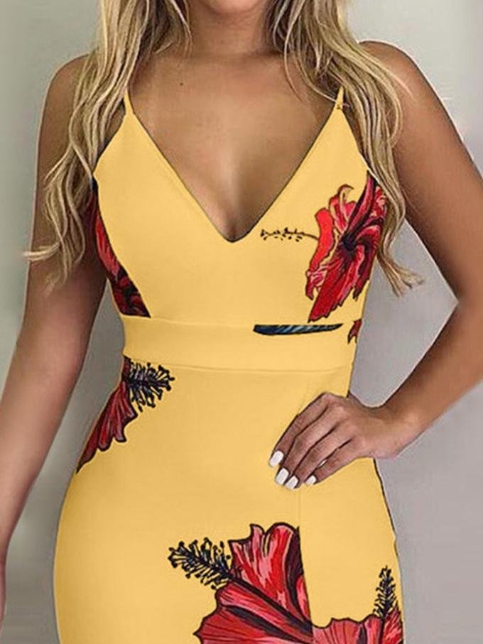 Floral Print Deep V-Neck Irregular Dress - Midi Dresses - INS | Online Fashion Free Shipping Clothing, Dresses, Tops, Shoes - 20-30 - 29/06/2021 - Category_Midi Dresses