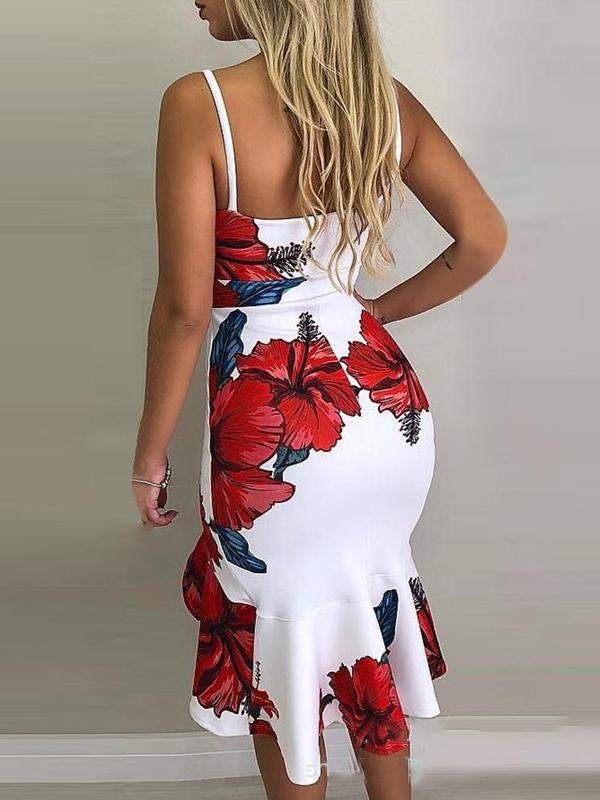 Floral Print Deep V-Neck Irregular Dress - Midi Dresses - INS | Online Fashion Free Shipping Clothing, Dresses, Tops, Shoes - 20-30 - 29/06/2021 - Category_Midi Dresses