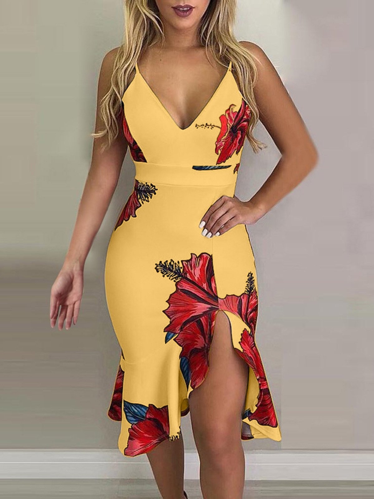 Floral Print Deep V-Neck Irregular Dress - Midi Dresses - INS | Online Fashion Free Shipping Clothing, Dresses, Tops, Shoes - 20-30 - 29/06/2021 - Category_Midi Dresses