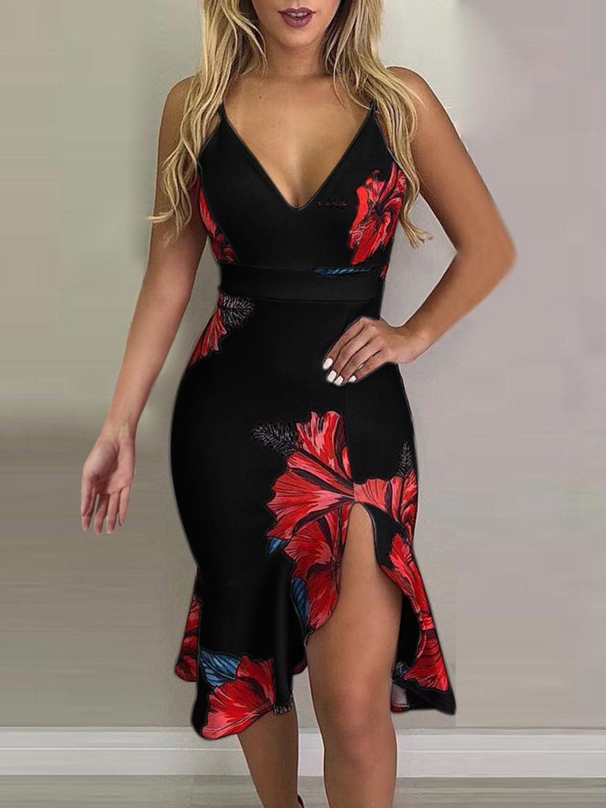 Floral Print Deep V-Neck Irregular Dress - Midi Dresses - INS | Online Fashion Free Shipping Clothing, Dresses, Tops, Shoes - 20-30 - 29/06/2021 - Category_Midi Dresses