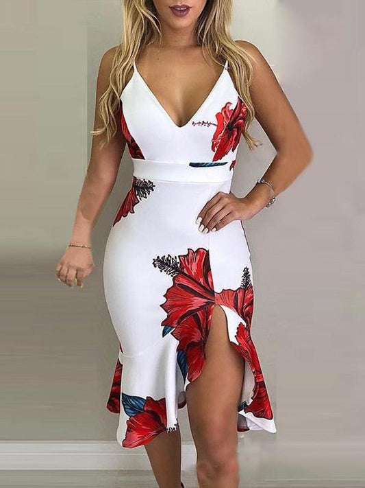 Floral Print Deep V-Neck Irregular Dress - Midi Dresses - INS | Online Fashion Free Shipping Clothing, Dresses, Tops, Shoes - 20-30 - 29/06/2021 - Category_Midi Dresses