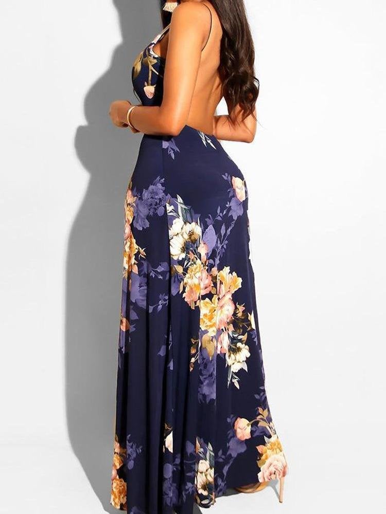 Floral Print Deep V-neck Romper Maxi Dress - Rompers - INS | Online Fashion Free Shipping Clothing, Dresses, Tops, Shoes - 04/05/2021 - Category_Rompers - Color_Blue