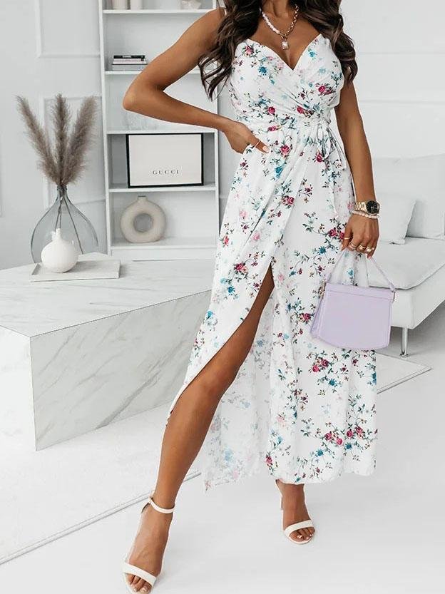 Floral Print Deep V-neck Sleeveless Belt Slit Dress - Maxi Dresses - INS | Online Fashion Free Shipping Clothing, Dresses, Tops, Shoes - 09/07/2021 - 20-30 - Category_Maxi Dresses