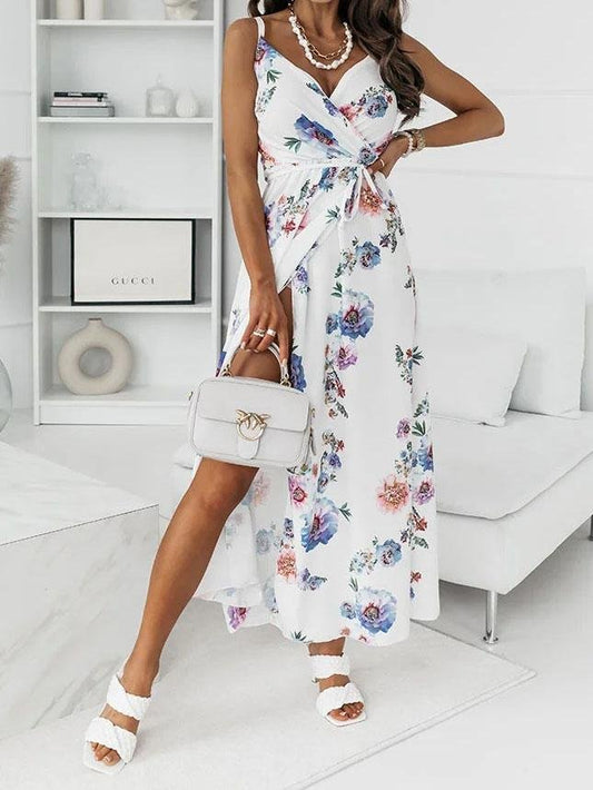 Floral Print Deep V-neck Sleeveless Belt Slit Dress - Maxi Dresses - INS | Online Fashion Free Shipping Clothing, Dresses, Tops, Shoes - 09/07/2021 - 20-30 - Category_Maxi Dresses