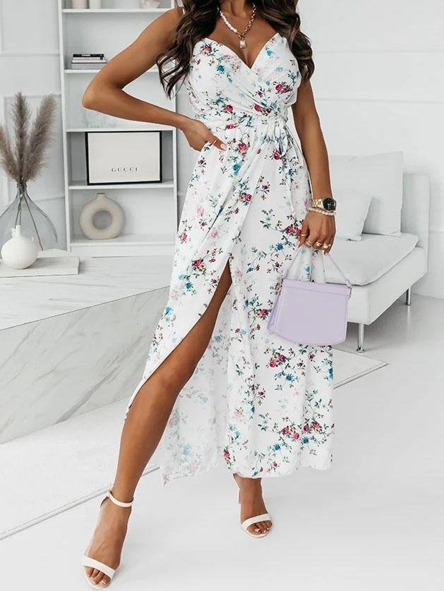 Floral Print Deep V-neck Sleeveless Belt Slit Dress - Maxi Dresses - INS | Online Fashion Free Shipping Clothing, Dresses, Tops, Shoes - 09/07/2021 - 20-30 - Category_Maxi Dresses