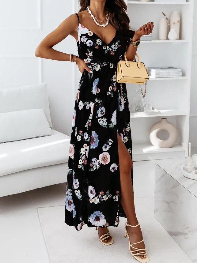 Floral Print Deep V-neck Sleeveless Belt Slit Dress - Maxi Dresses - INS | Online Fashion Free Shipping Clothing, Dresses, Tops, Shoes - 09/07/2021 - 20-30 - Category_Maxi Dresses
