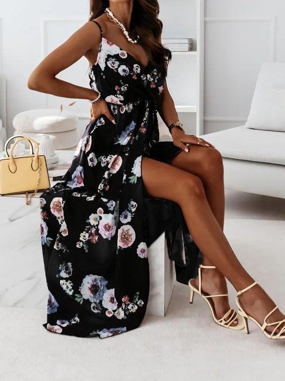 Floral Print Deep V-neck Sleeveless Belt Slit Dress - Maxi Dresses - INS | Online Fashion Free Shipping Clothing, Dresses, Tops, Shoes - 09/07/2021 - 20-30 - Category_Maxi Dresses
