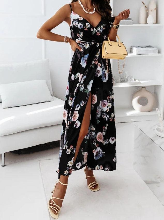 Floral Print Deep V-neck Sleeveless Belt Slit Dress - Maxi Dresses - INS | Online Fashion Free Shipping Clothing, Dresses, Tops, Shoes - 09/07/2021 - 20-30 - Category_Maxi Dresses