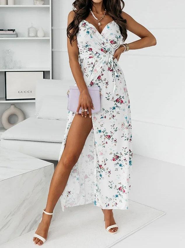 Floral Print Deep V-neck Sleeveless Belt Slit Dress - Maxi Dresses - INS | Online Fashion Free Shipping Clothing, Dresses, Tops, Shoes - 09/07/2021 - 20-30 - Category_Maxi Dresses