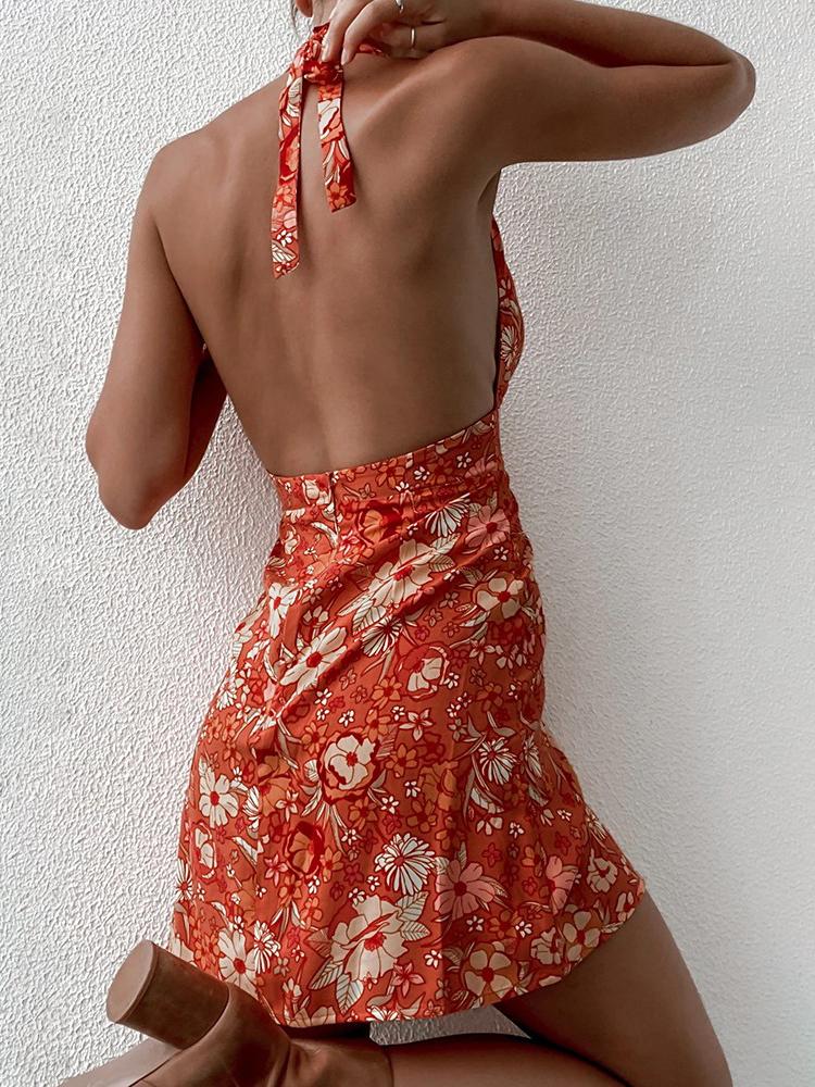 Floral Print Halter Backless Mini Dress - Mini Dresses - INS | Online Fashion Free Shipping Clothing, Dresses, Tops, Shoes - 29/04/2021 - Category_Mini Dresses - Color_Orange