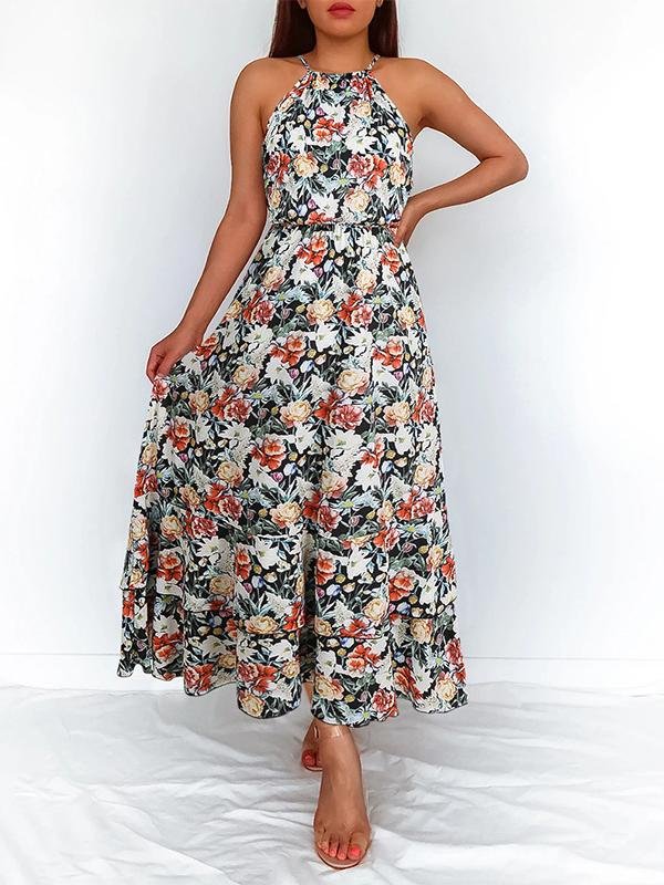 Floral Print Halter Sleeveless Dress - Midi Dresses - INS | Online Fashion Free Shipping Clothing, Dresses, Tops, Shoes - 18/06/2021 - 30-40 - color-black