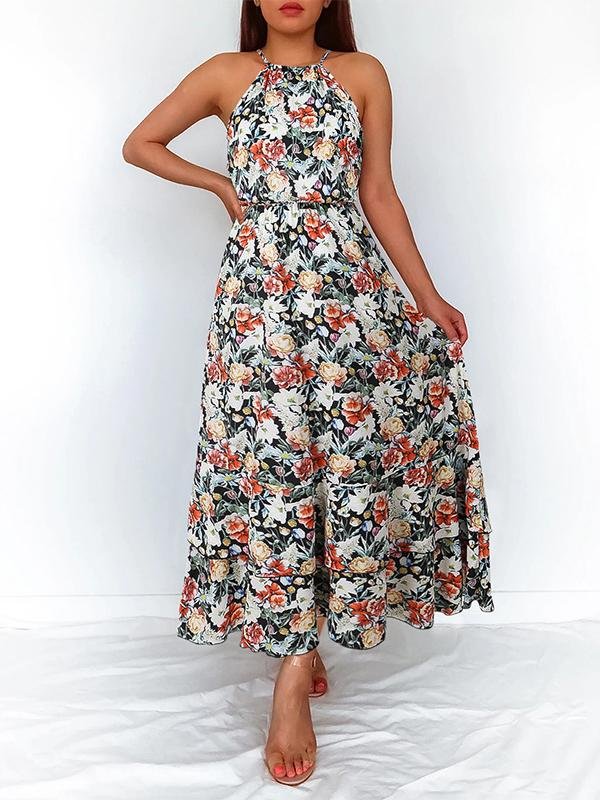Floral Print Halter Sleeveless Dress - Midi Dresses - INS | Online Fashion Free Shipping Clothing, Dresses, Tops, Shoes - 18/06/2021 - 30-40 - color-black