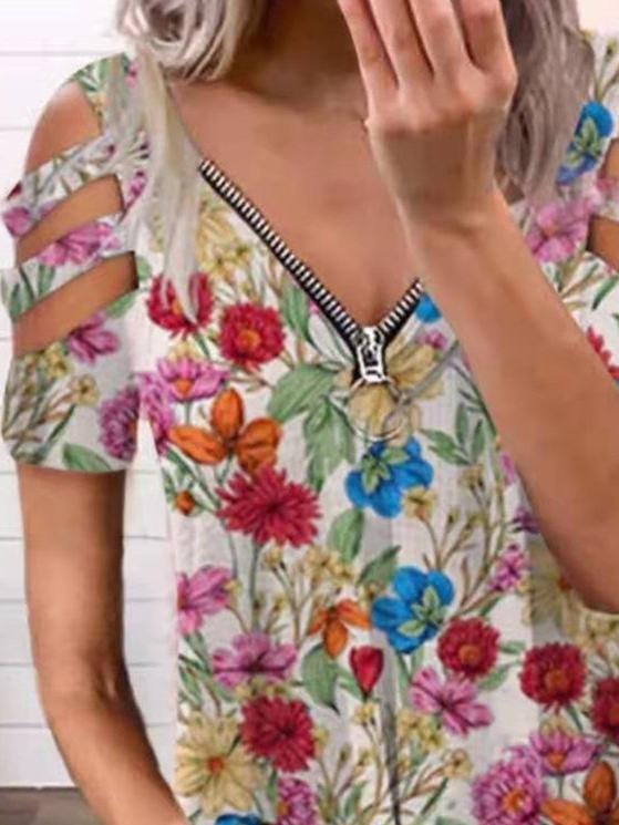 Floral Print Hollow V-neck Zipper T-shirts - T-Shirts - INS | Online Fashion Free Shipping Clothing, Dresses, Tops, Shoes - 09/06/2021 - Category_T-Shirts - HDL