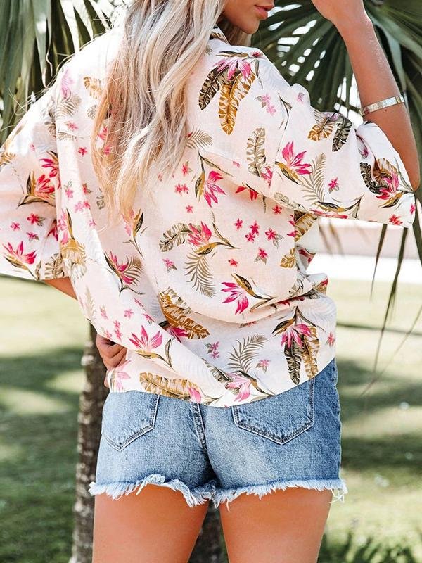 Floral Print Lapel Mid-sleeve Pocket Blouse - Blouses - INS | Online Fashion Free Shipping Clothing, Dresses, Tops, Shoes - 10/06/2021 - BLO2106100087 - Blouses