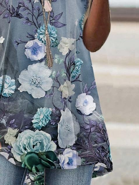 Floral Print Loose Short Sleeve Top - T-shirts - INS | Online Fashion Free Shipping Clothing, Dresses, Tops, Shoes - 01/07/2021 - 10-20 - color-blue