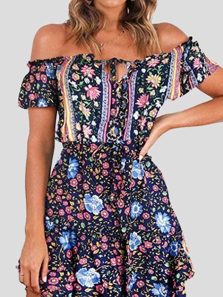 Floral Print Off Shoulder Strapless Dress - Mini Dresses - INS | Online Fashion Free Shipping Clothing, Dresses, Tops, Shoes - 17/07/2021 - 20-30 - color-blue