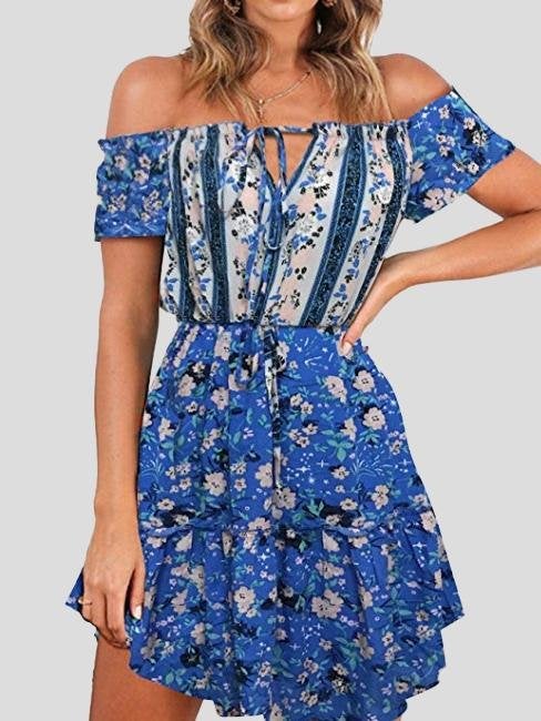 Floral Print Off Shoulder Strapless Dress - Mini Dresses - INS | Online Fashion Free Shipping Clothing, Dresses, Tops, Shoes - 17/07/2021 - 20-30 - color-blue