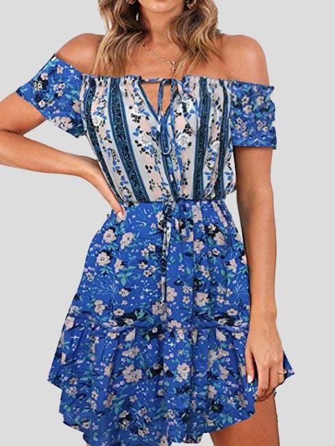 Floral Print Off Shoulder Strapless Dress - Mini Dresses - INS | Online Fashion Free Shipping Clothing, Dresses, Tops, Shoes - 17/07/2021 - 20-30 - color-blue