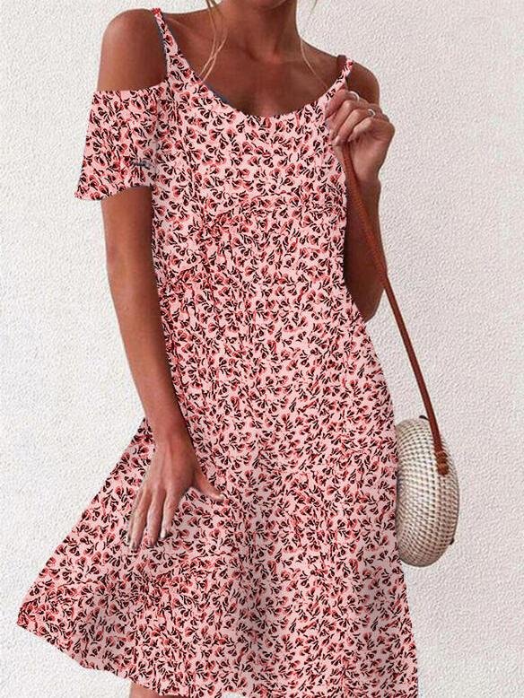 Floral Print Off The Shoulder Mini Dress - Mini Dresses - INS | Online Fashion Free Shipping Clothing, Dresses, Tops, Shoes - 24/05/2021 - Category_Mini Dresses - Color_Apricot