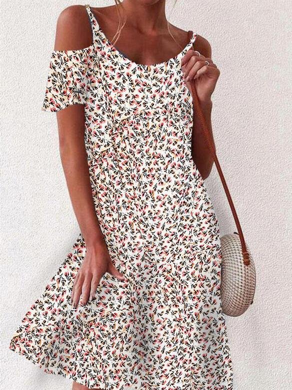 Floral Print Off The Shoulder Mini Dress - Mini Dresses - INS | Online Fashion Free Shipping Clothing, Dresses, Tops, Shoes - 24/05/2021 - Category_Mini Dresses - Color_Apricot