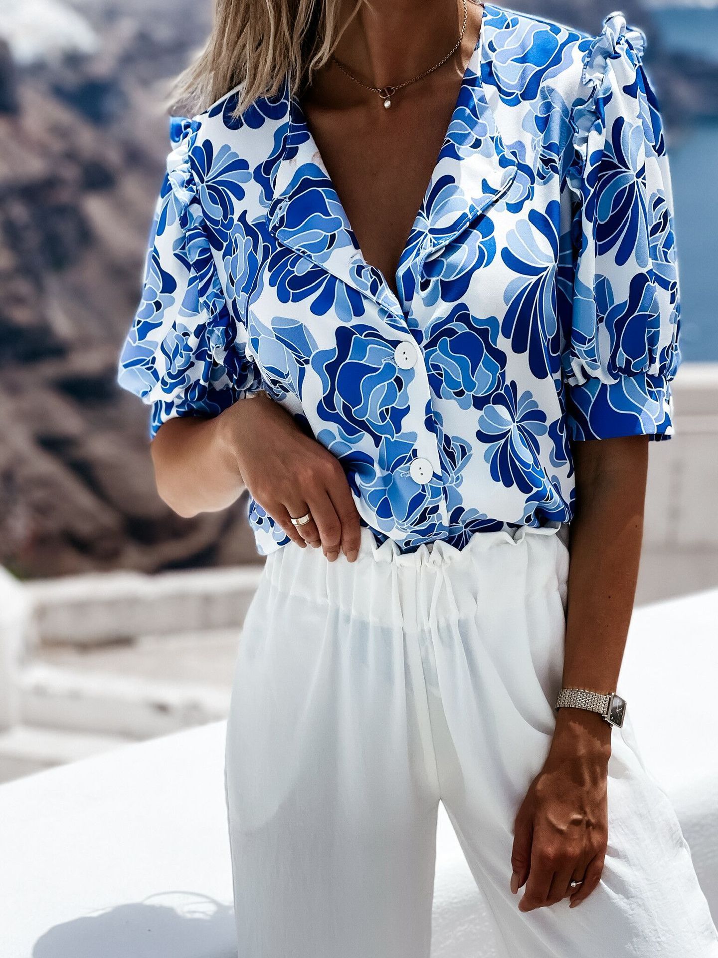 Floral Print Ruffled Single Breasted Short Sleeve Blouses - Blouses - INS | Online Fashion Free Shipping Clothing, Dresses, Tops, Shoes - 14/07/2021 - 20-30 - BLO2107141192