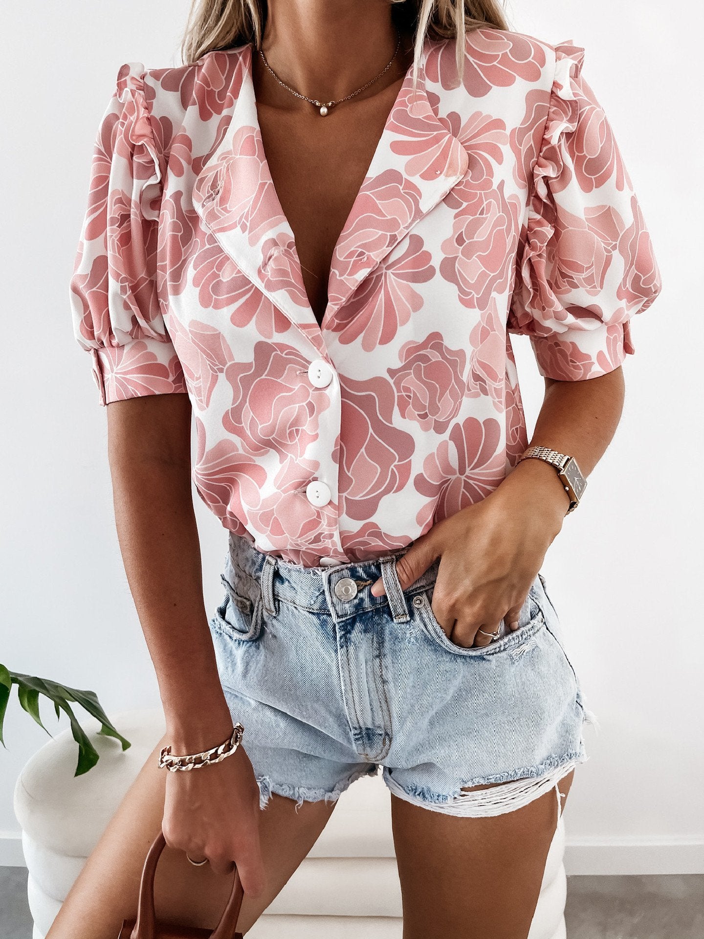 Floral Print Ruffled Single Breasted Short Sleeve Blouses - Blouses - INS | Online Fashion Free Shipping Clothing, Dresses, Tops, Shoes - 14/07/2021 - 20-30 - BLO2107141192