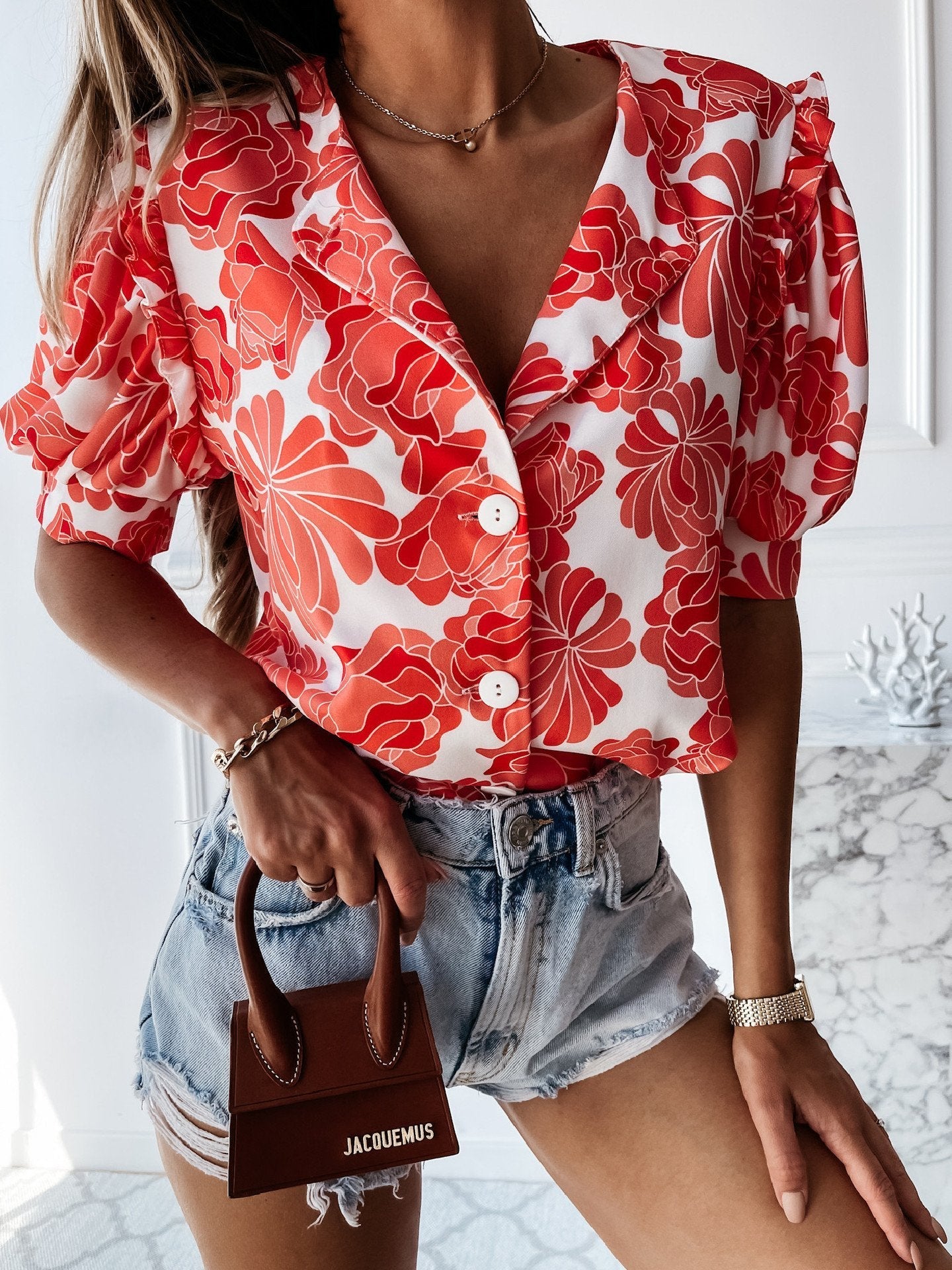 Floral Print Ruffled Single Breasted Short Sleeve Blouses - Blouses - INS | Online Fashion Free Shipping Clothing, Dresses, Tops, Shoes - 14/07/2021 - 20-30 - BLO2107141192