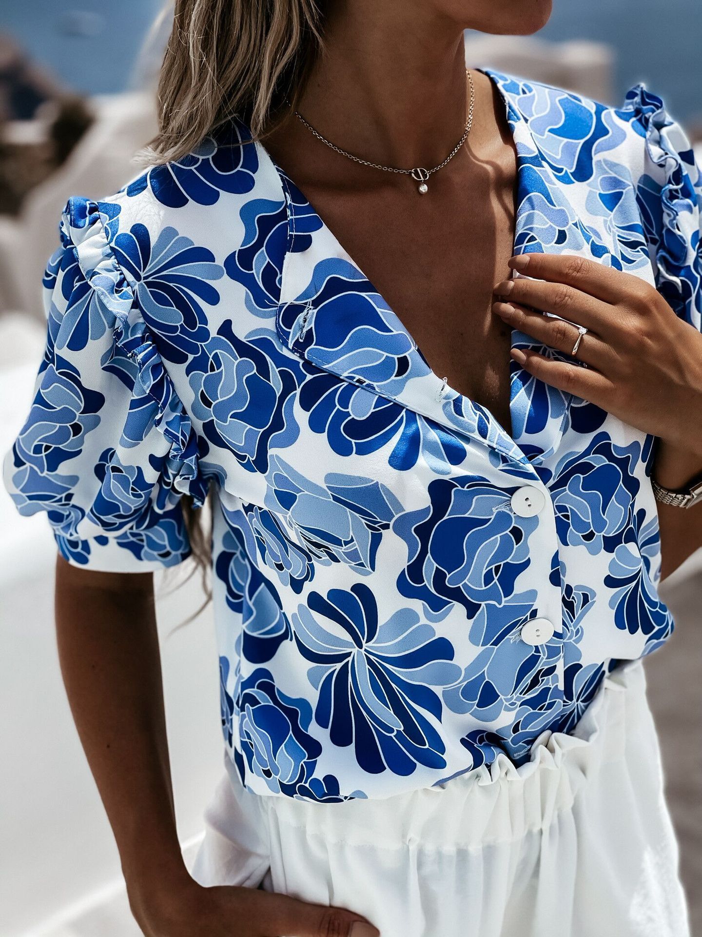Floral Print Ruffled Single Breasted Short Sleeve Blouses - Blouses - INS | Online Fashion Free Shipping Clothing, Dresses, Tops, Shoes - 14/07/2021 - 20-30 - BLO2107141192