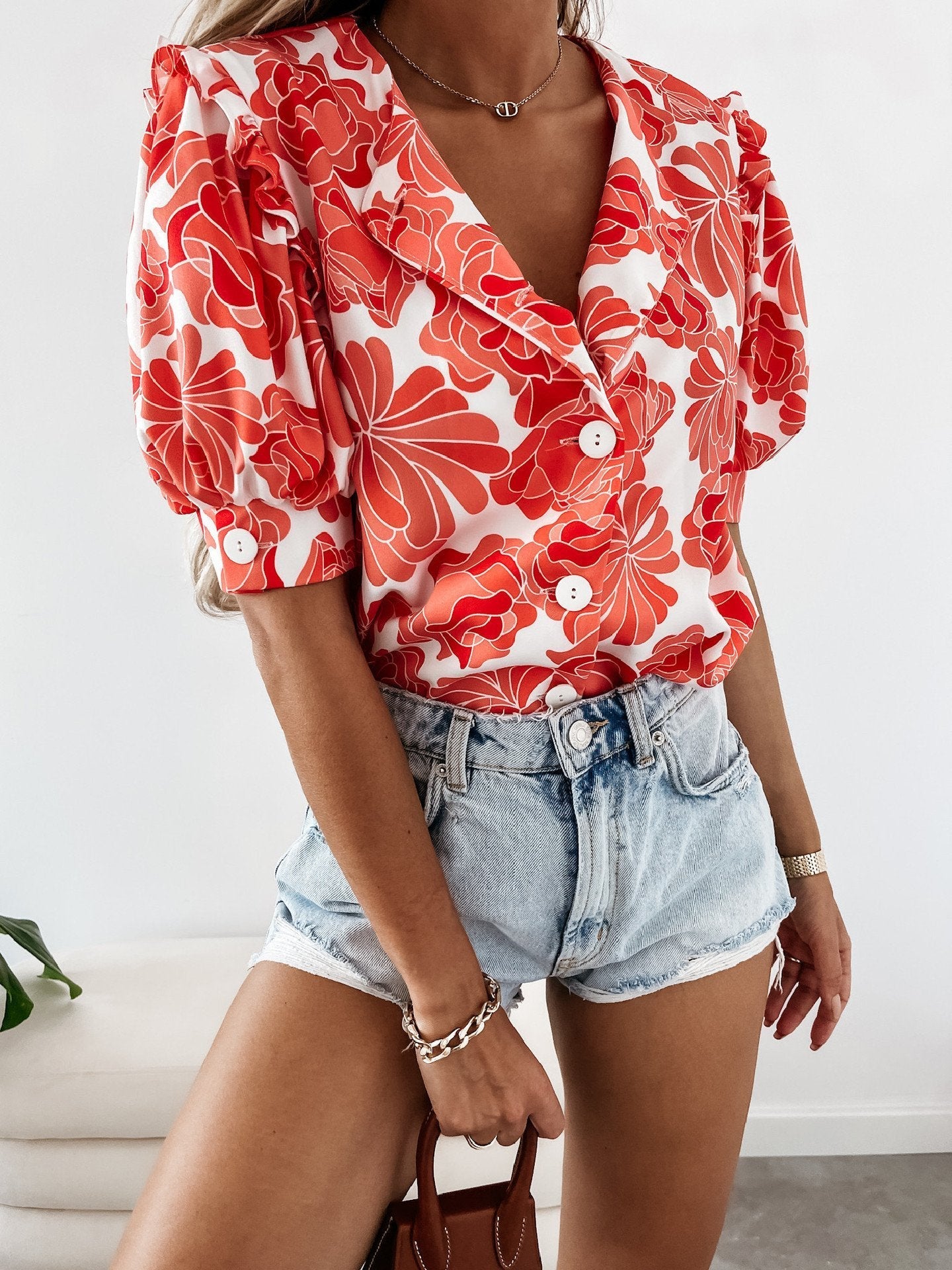 Floral Print Ruffled Single Breasted Short Sleeve Blouses - Blouses - INS | Online Fashion Free Shipping Clothing, Dresses, Tops, Shoes - 14/07/2021 - 20-30 - BLO2107141192