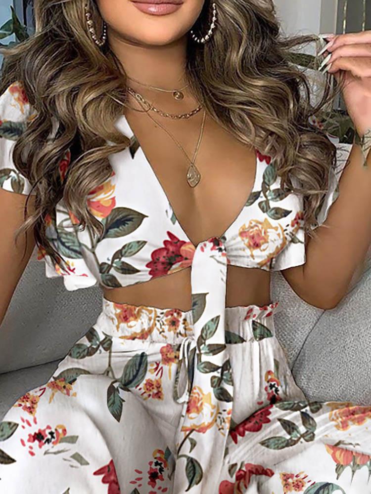 Floral Print Ruffles Knotted Front Top & High Waisted Pants Set - Two-piece Outfits - INS | Online Fashion Free Shipping Clothing, Dresses, Tops, Shoes - 05/05/2021 - Color_Multicolor - SET210505041