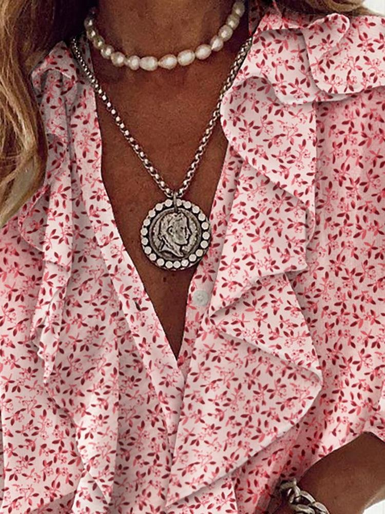 Floral Print Ruffles Long Sleeve Top - Blouses - INS | Online Fashion Free Shipping Clothing, Dresses, Tops, Shoes - 28/04/2021 - BLO210428056 - Blouses