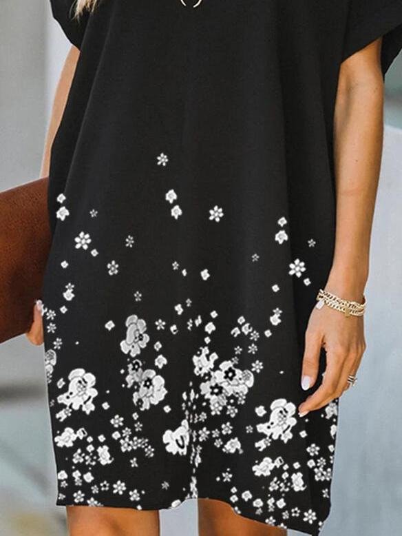 Floral Print Short Sleeve Casual Dress - Midi Dresses - INS | Online Fashion Free Shipping Clothing, Dresses, Tops, Shoes - 11/06/2021 - Category_Midi Dresses - Color_Black