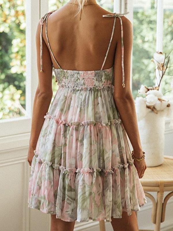 Floral Print Suspender Chiffon Seaside Beach Dress - Mini Dresses - INS | Online Fashion Free Shipping Clothing, Dresses, Tops, Shoes - 21/04/2021 - Color_Green - Color_Pink Green