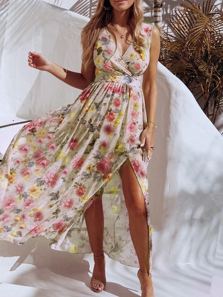 Floral Print V Neck High Slit Maxi Beach Dress - Maxi Dresses - INS | Online Fashion Free Shipping Clothing, Dresses, Tops, Shoes - 28/04/2021 - Beach Dresses - Color_ Blue