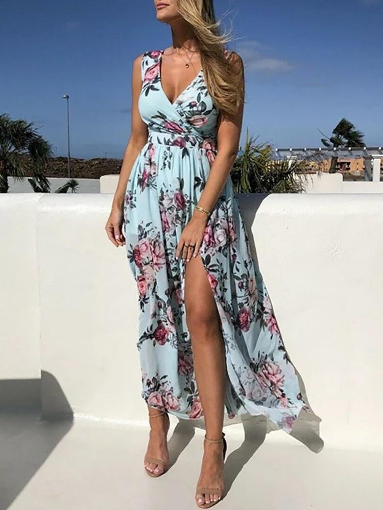 Floral Print V Neck High Slit Maxi Beach Dress - Maxi Dresses - INS | Online Fashion Free Shipping Clothing, Dresses, Tops, Shoes - 28/04/2021 - Beach Dresses - Color_ Blue