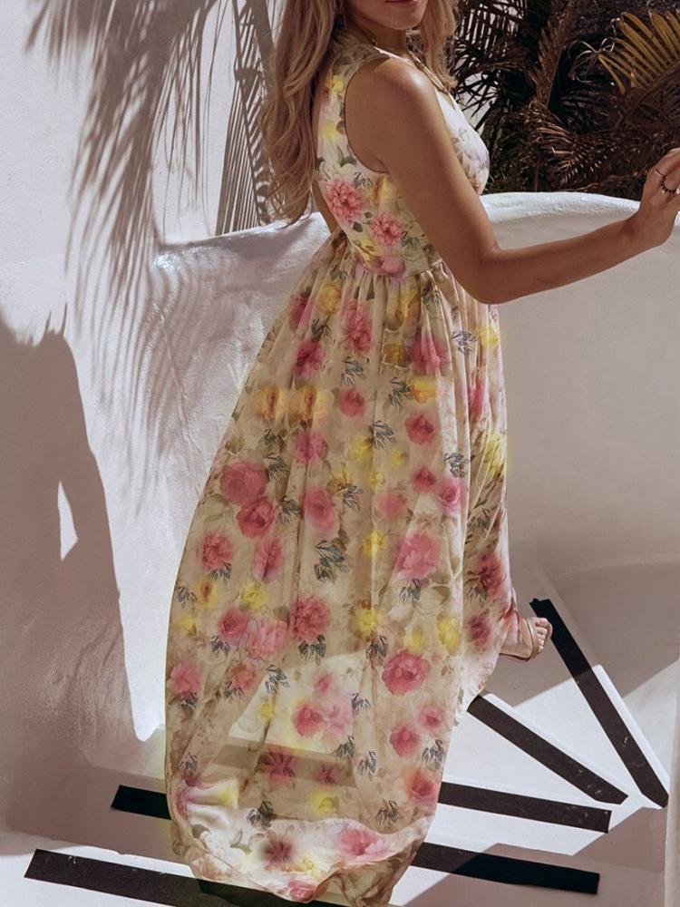 Floral Print V Neck High Slit Maxi Beach Dress - Maxi Dresses - INS | Online Fashion Free Shipping Clothing, Dresses, Tops, Shoes - 28/04/2021 - Beach Dresses - Color_ Blue
