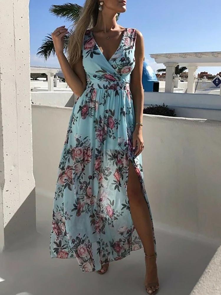 Floral Print V Neck High Slit Maxi Beach Dress - Maxi Dresses - INS | Online Fashion Free Shipping Clothing, Dresses, Tops, Shoes - 28/04/2021 - Beach Dresses - Color_ Blue