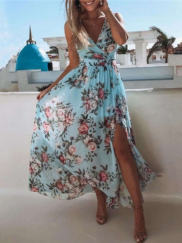 Floral Print V Neck High Slit Maxi Beach Dress - Maxi Dresses - INS | Online Fashion Free Shipping Clothing, Dresses, Tops, Shoes - 28/04/2021 - Beach Dresses - Color_ Blue